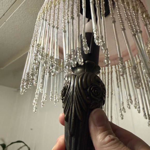 1940s Art Nouveau Boudoir Lamp With pink Glass Shade & Beaded Fringe 15-1/2” - Picture 6 of 7